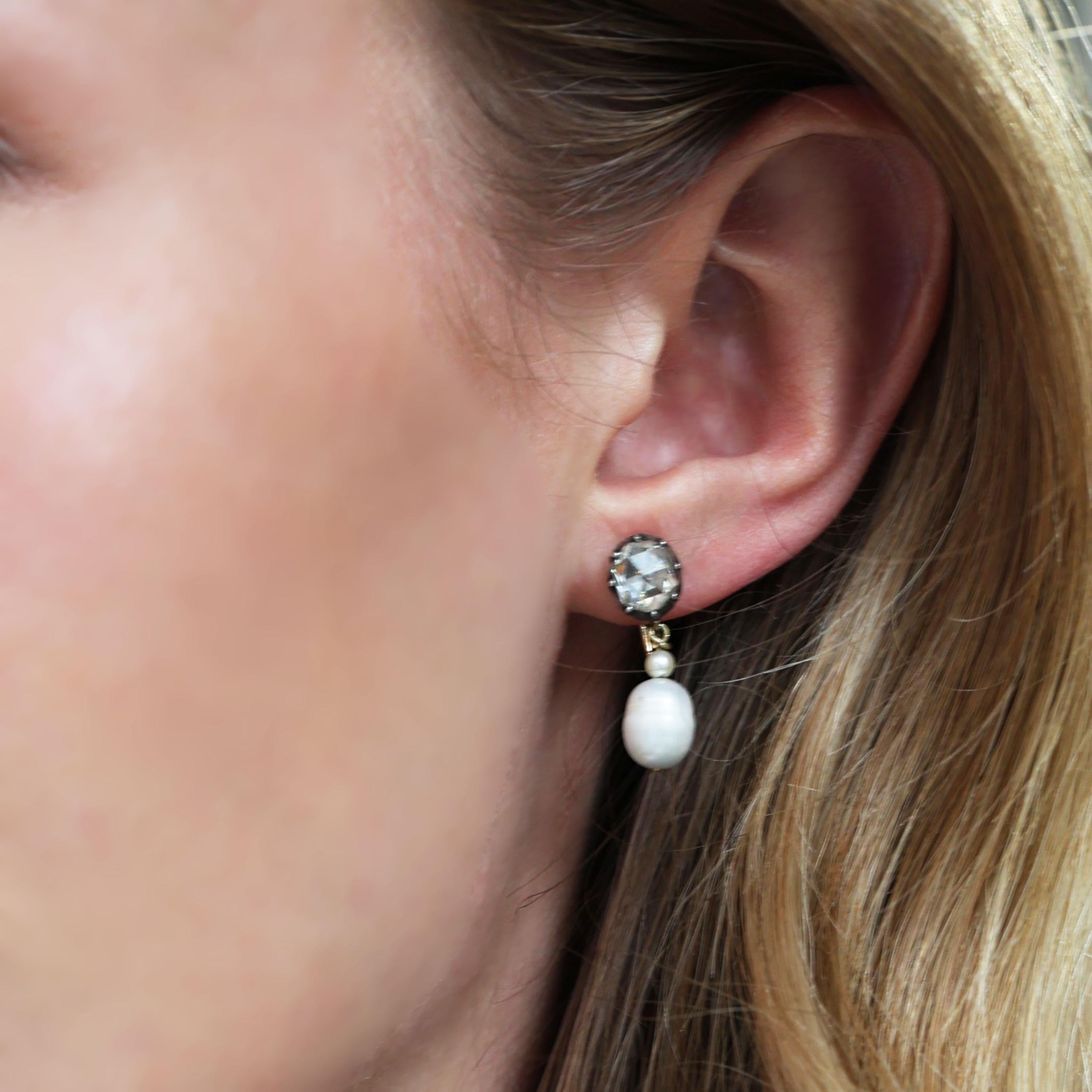 Vintage Rose Cut Diamond Pearl Silver and Gold Earrings, Circa 1936 In Good Condition For Sale In London, GB