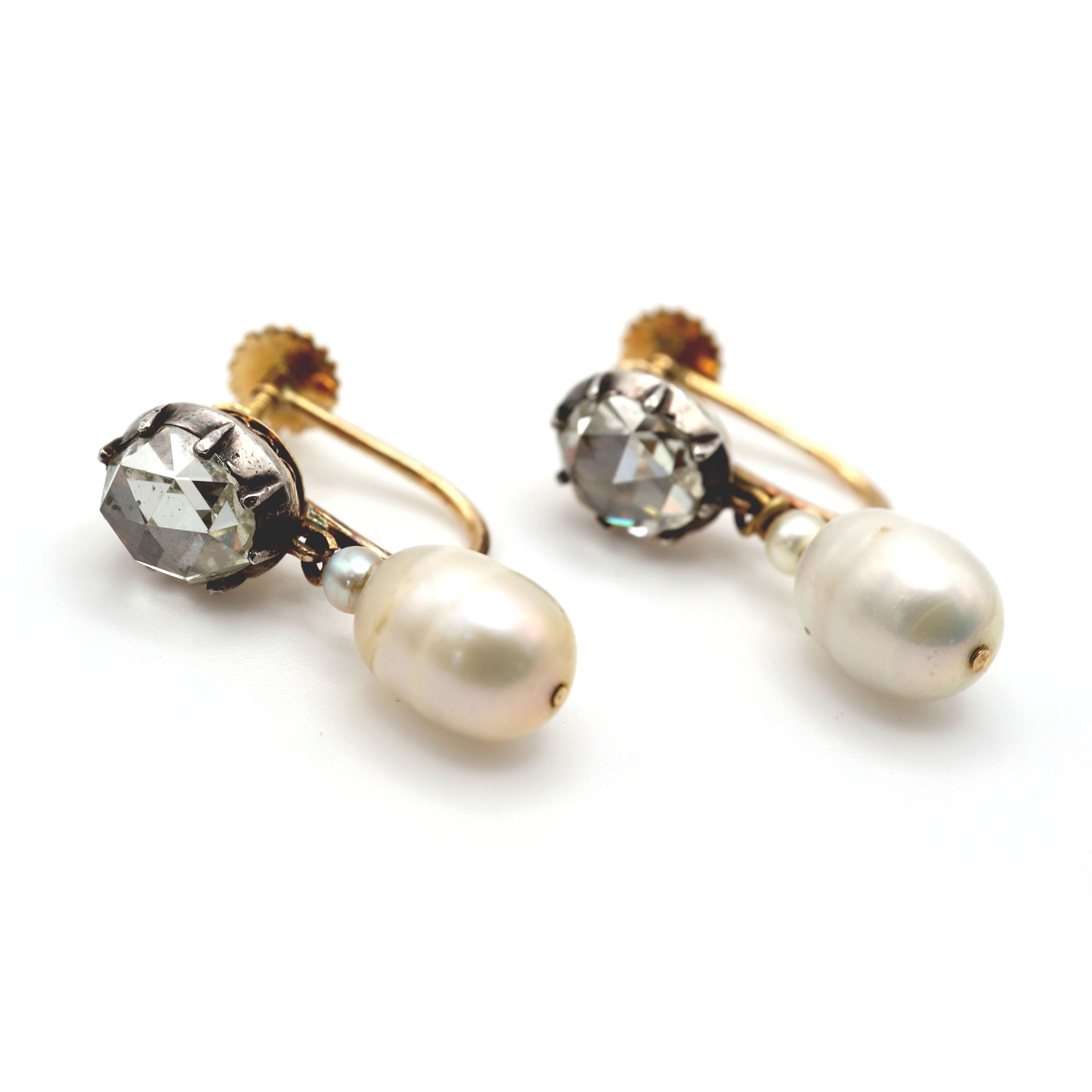 Art Deco Vintage Rose Cut Diamond Pearl Silver and Gold Earrings, Circa 1936 For Sale