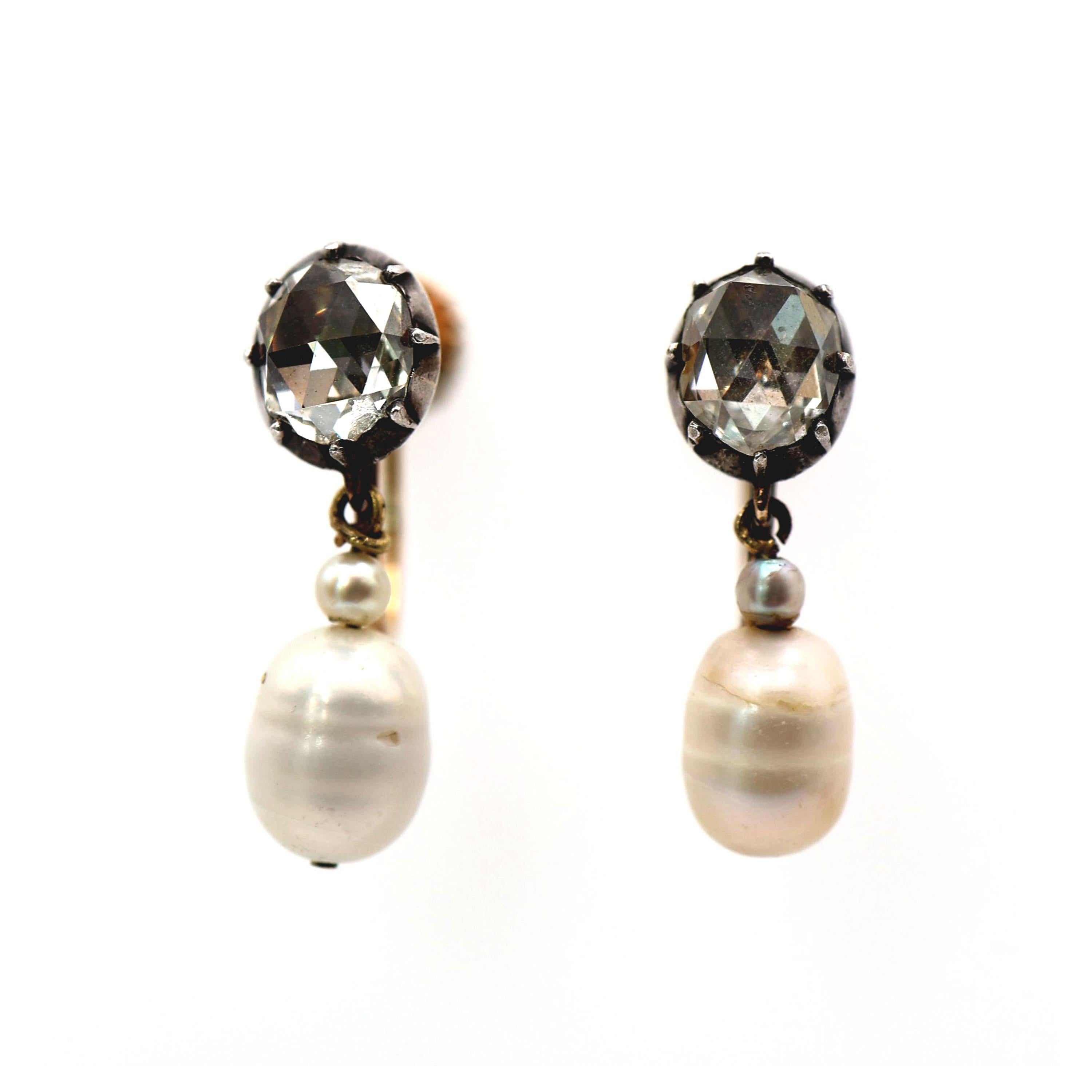 Women's Vintage Rose Cut Diamond Pearl Silver and Gold Earrings, Circa 1936 For Sale