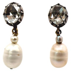 Vintage Rose Cut Diamond Pearl Silver and Gold Earrings, Circa 1936