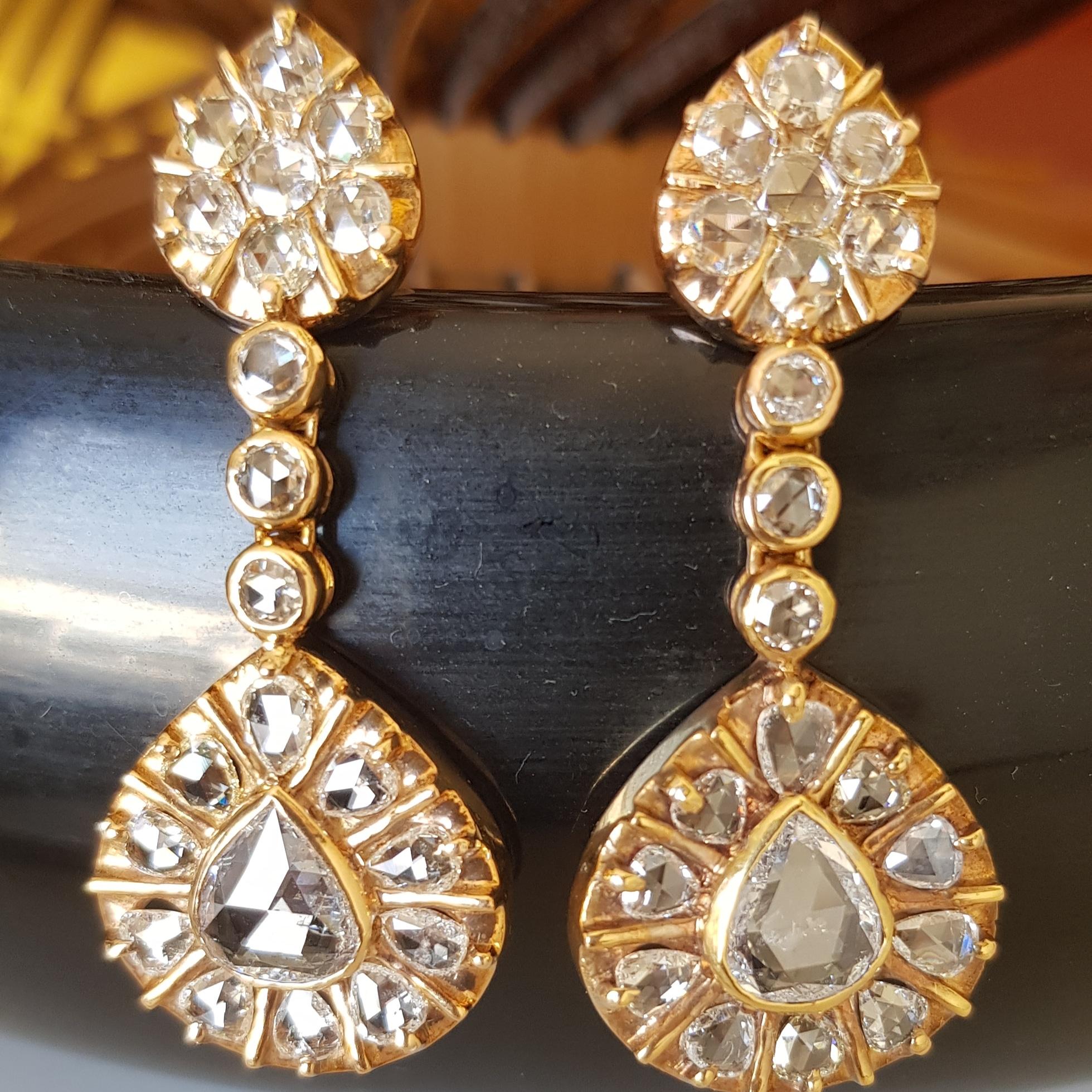 VINTAGE ROSE CUT DIAMOND PENDANT EARRINGS Ca. 1950
Hand fabricated in 22K rose gold (tested), are set with glimmering rose-cut diamonds color G-H. clarity VS to form a delightful stylized design centered with tear-drop motifs in two bodies, centered
