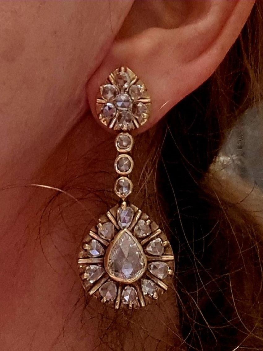 Boucles d'oreilles vintage avec pendentif en diamant taillé en rose Ca. 1950 en vente 1