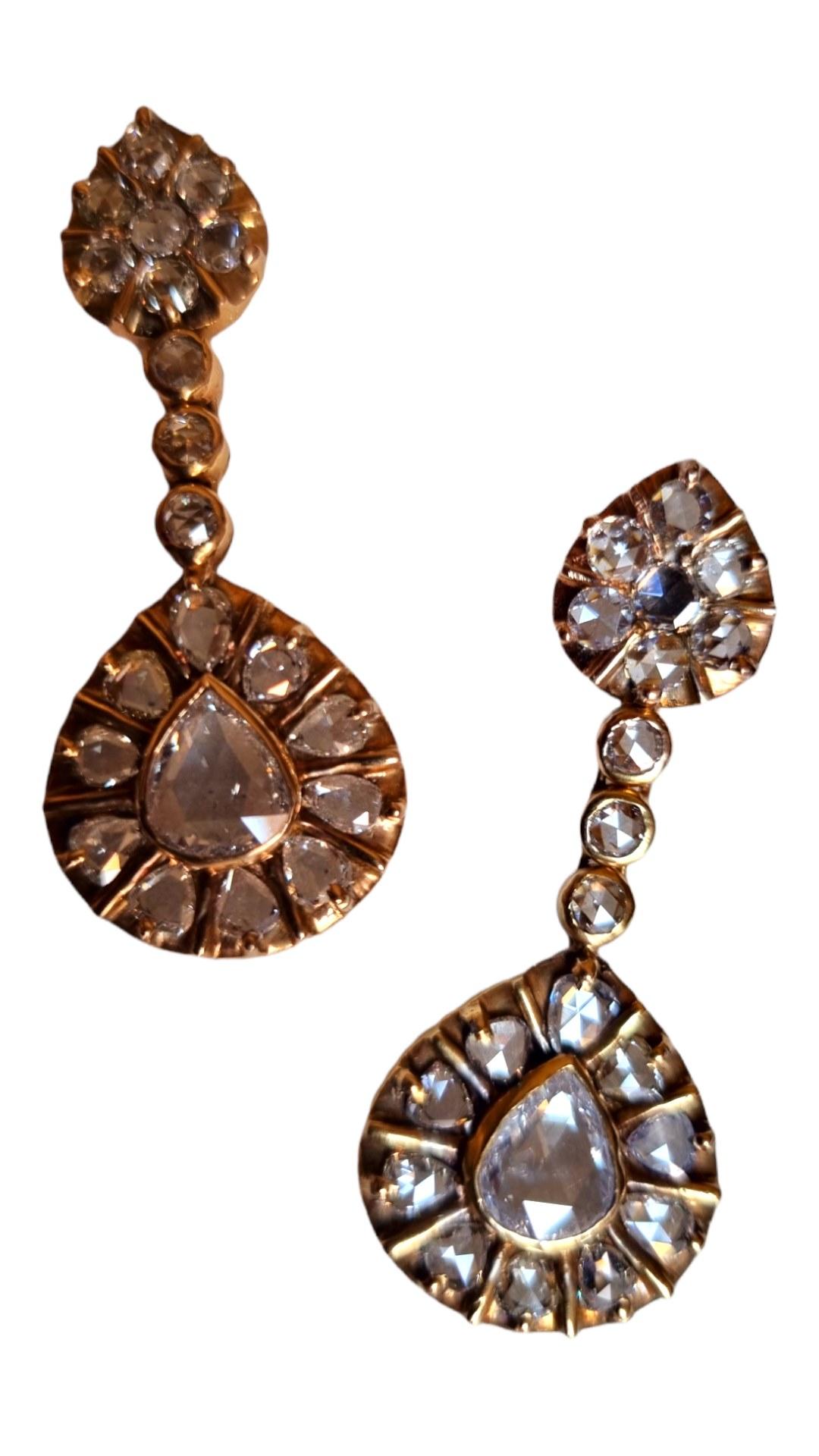 Boucles d'oreilles vintage avec pendentif en diamant taillé en rose Ca. 1950 en vente 2