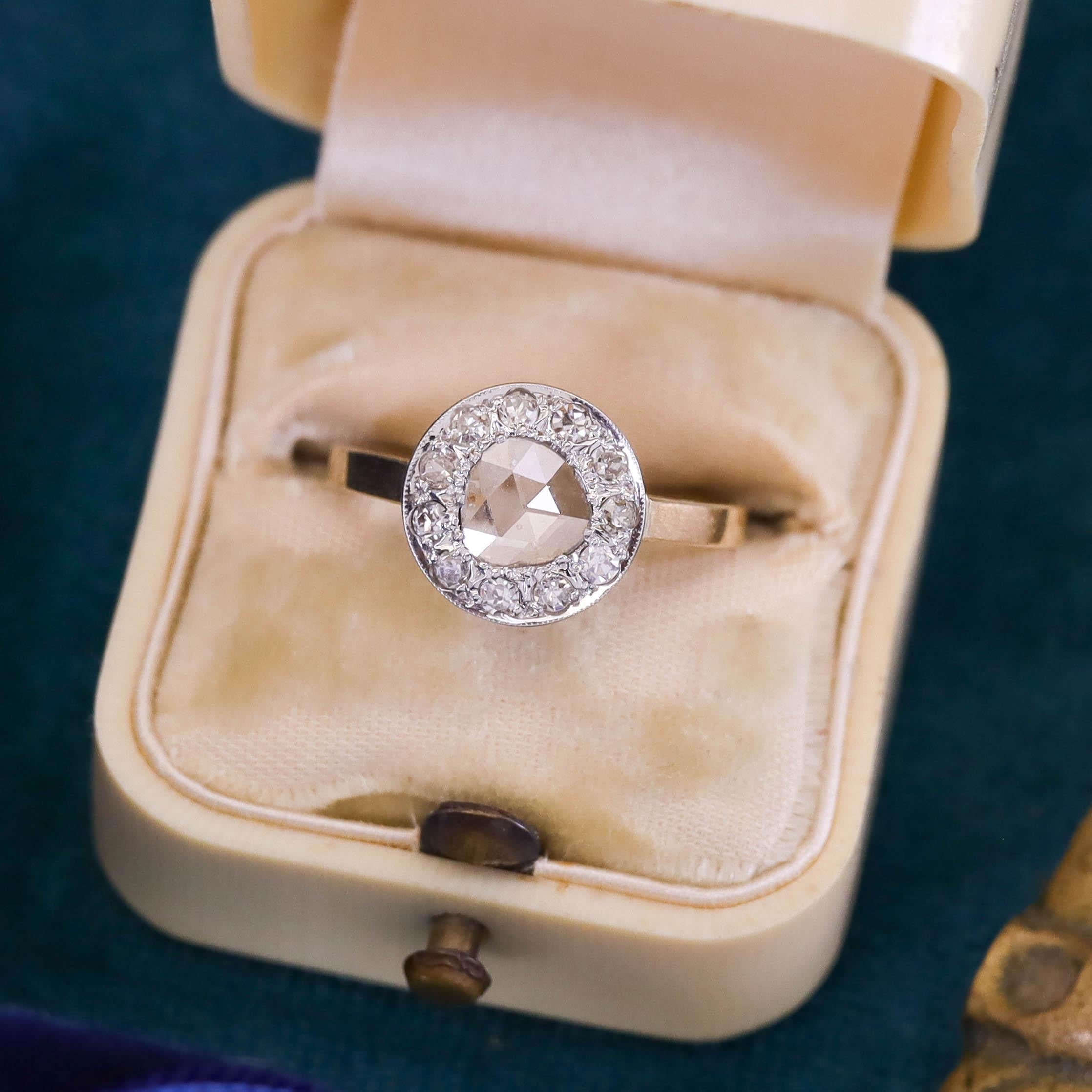 Bague vintage en or 14k et 18k avec diamant taillé en rose Pour femmes en vente