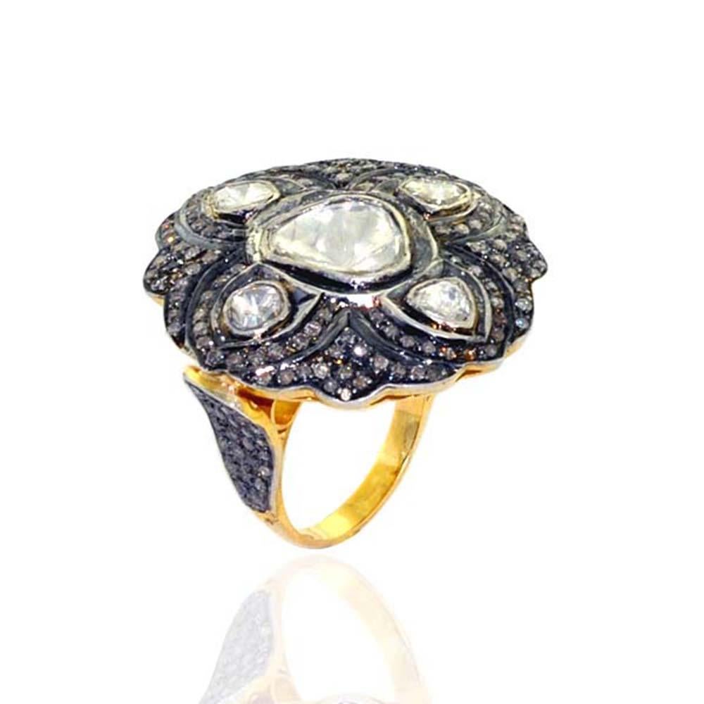 Modern Rose Cut Diamond Ring Surrounded by Pave Diamonds Made in 14k Gold & Silver For Sale