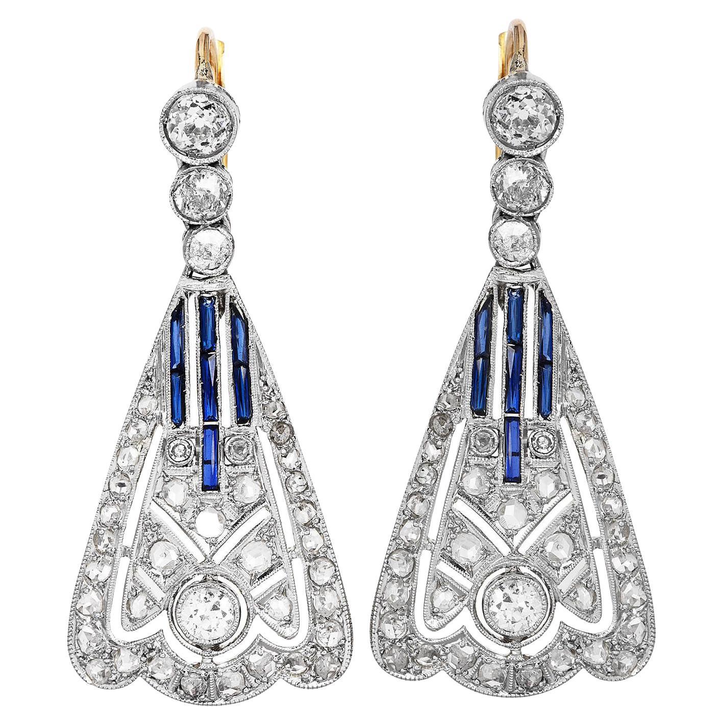 Edwardian Natural Sapphire Diamond Gold Dangle Earrings at 1stDibs