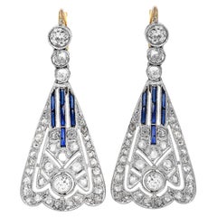 Vintage Rose Cut Diamond Sapphire Platinum 18K Gold Filigree Dangle Earrings