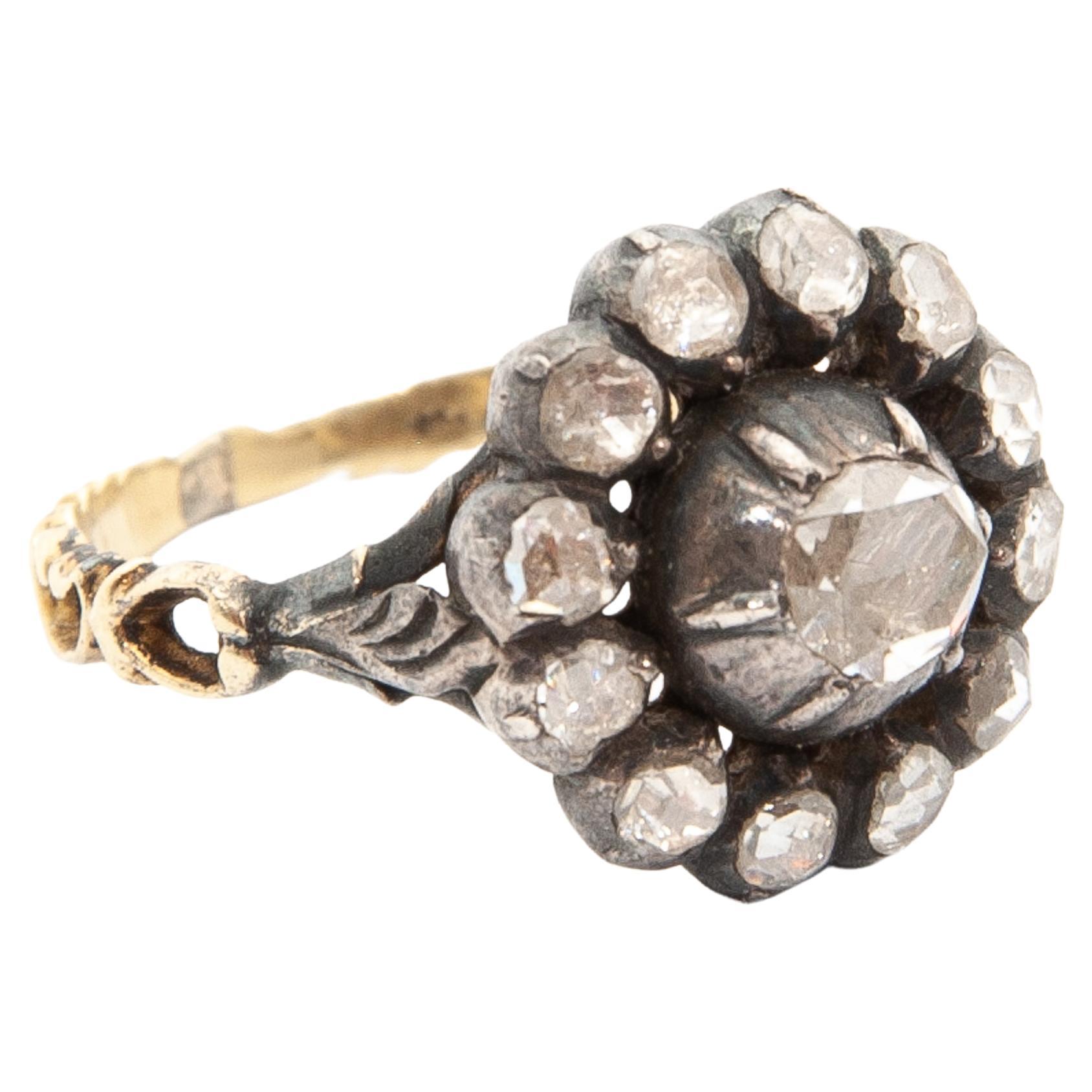 Anello vintage con diamanti taglio rosa in oro e argento 14 carati