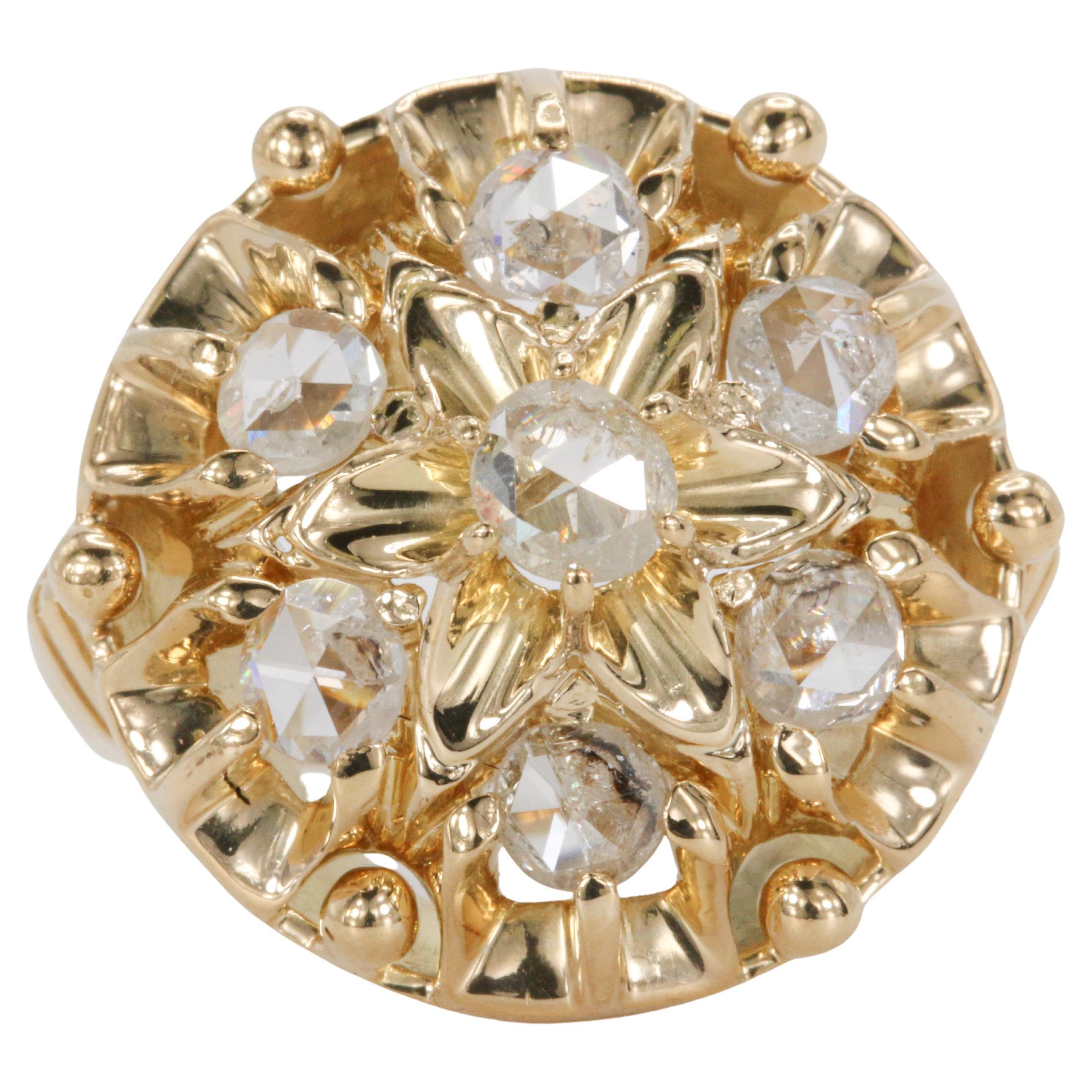 Vintage Rose Cut Diamonds in 18K Yellow Gold Cocktail Ring