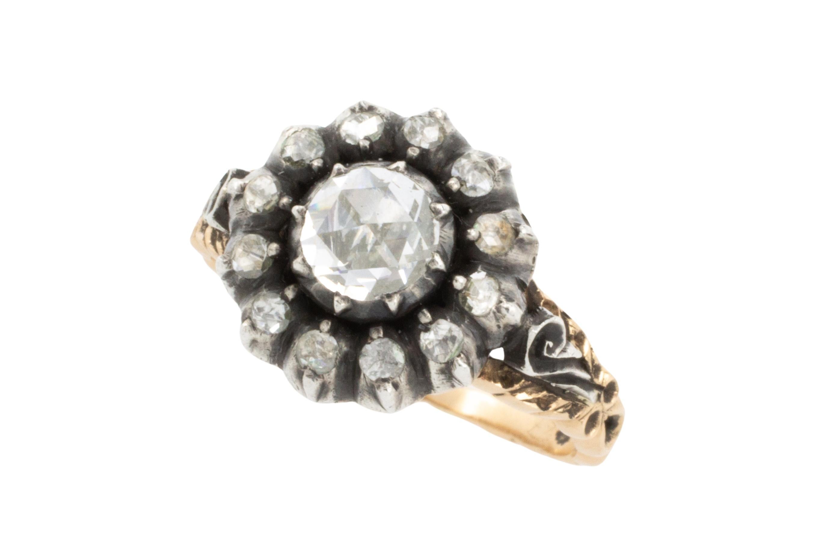 Victorian Vintage rose diamond ring in silver and gold For Sale