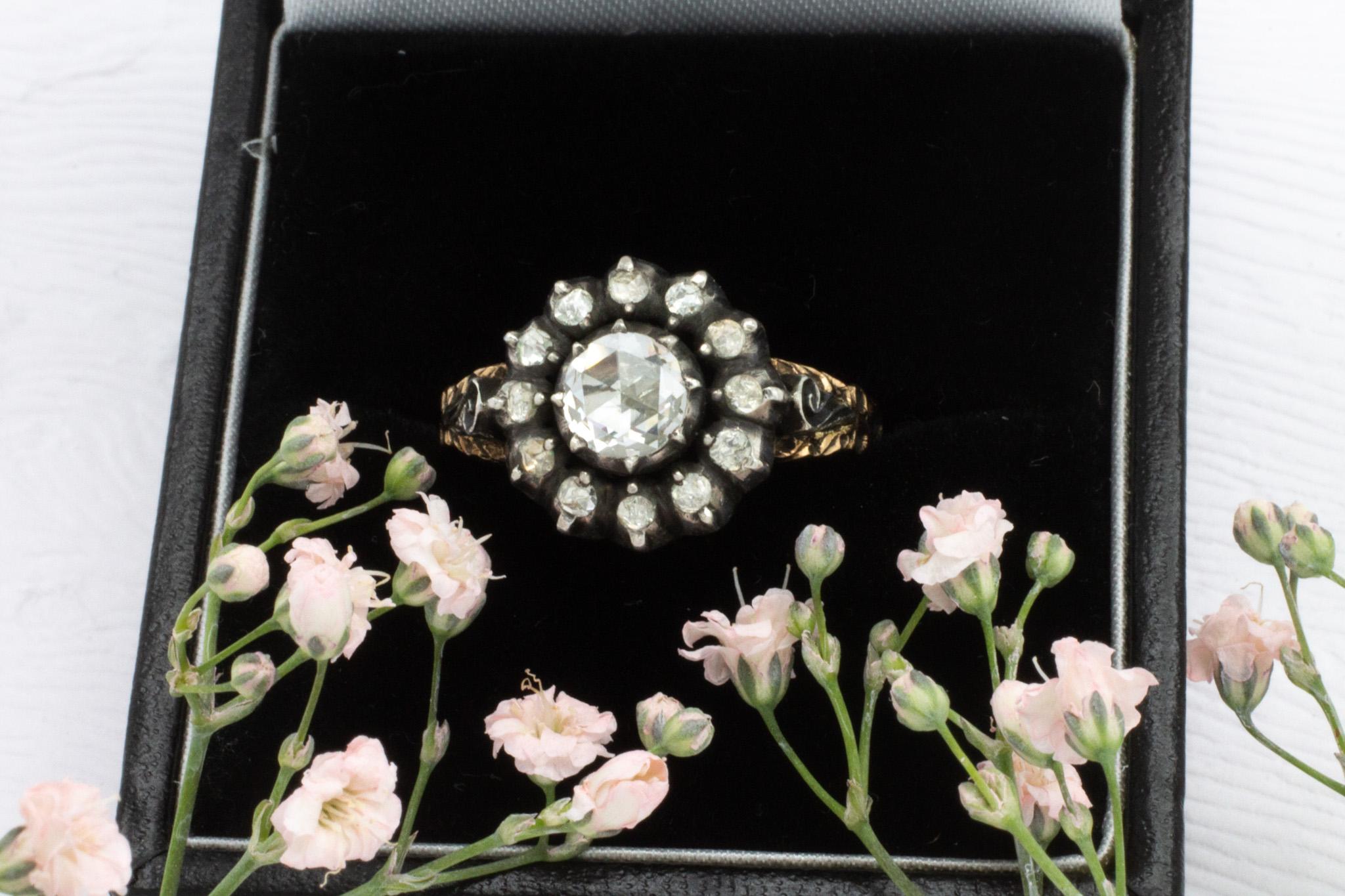 Women's Vintage rose diamond ring in silver and gold For Sale