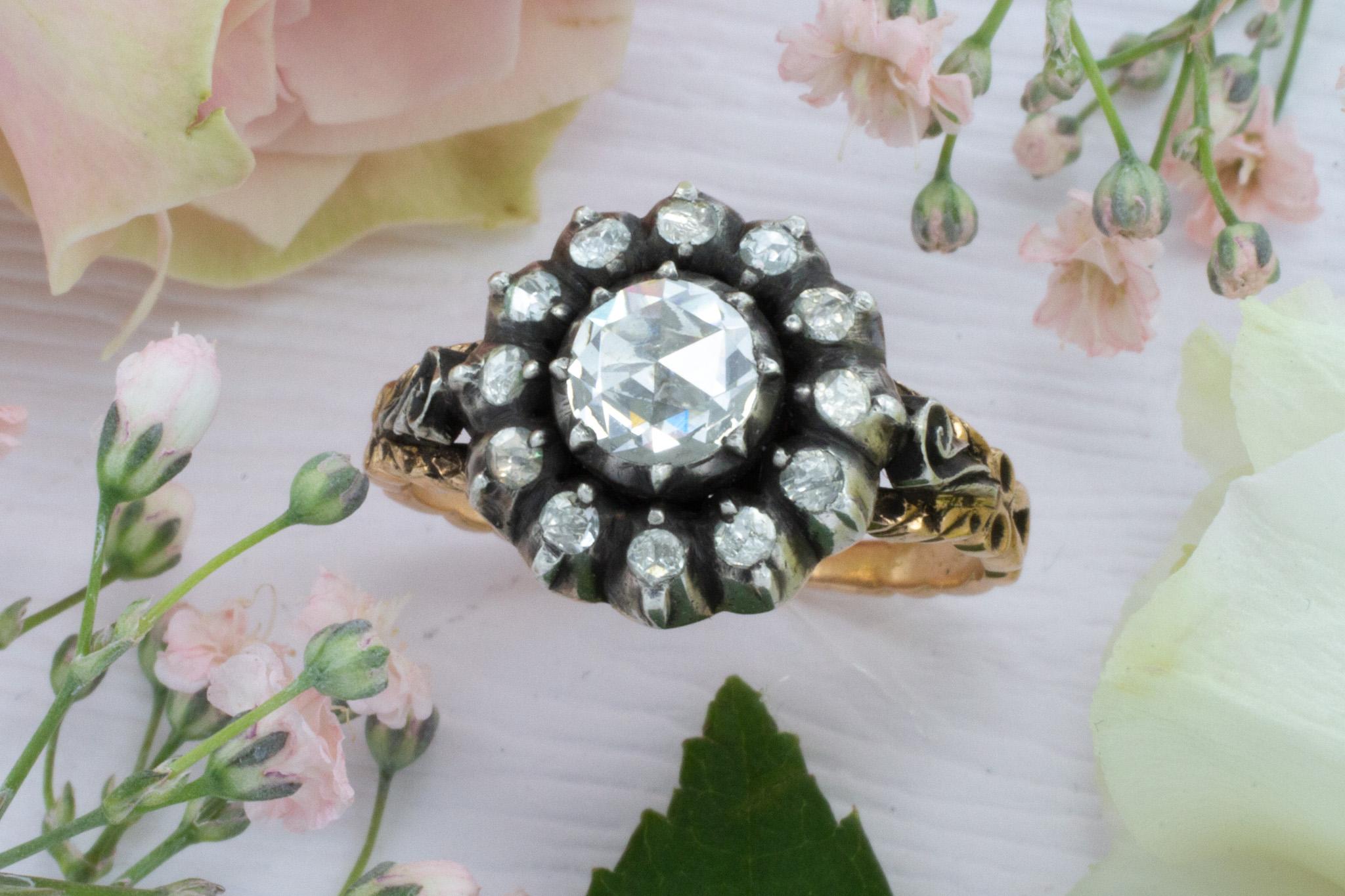 Vintage rose diamond ring in silver and gold For Sale 1