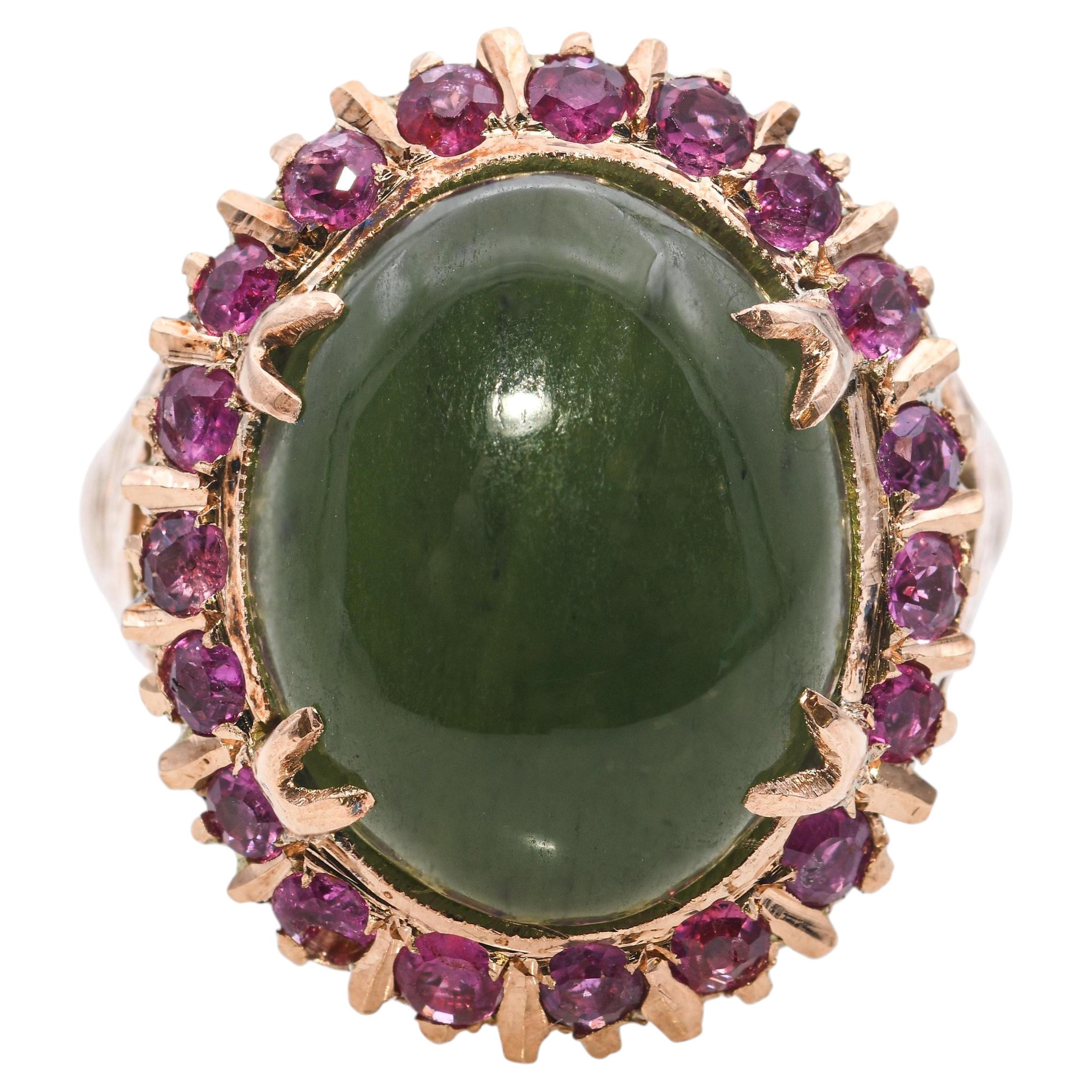 Vintage Rose Gold 7.86ct Nephrite Jade and Ruby Halo Ring
