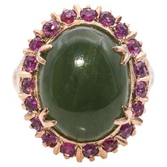 Vintage Rose Gold 7.86ct Nephrite Jade and Ruby Halo Ring