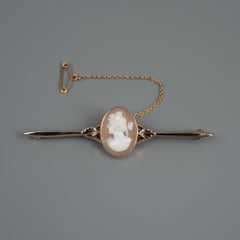 Vintage Rose Gold Bar Brooch Pin, Female Portrait Shell Cameo