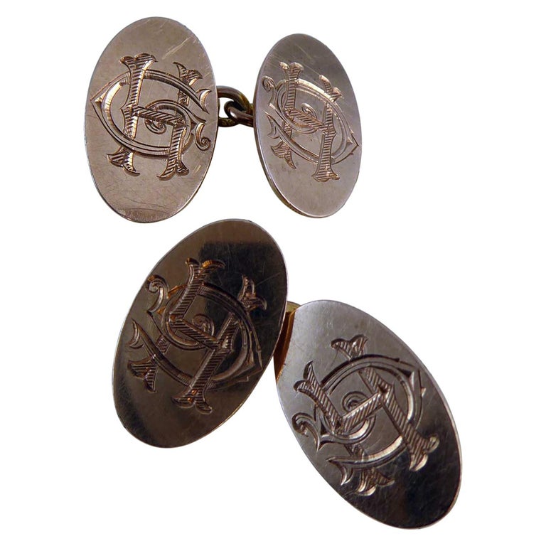 Vintage Rose Gold Cufflinks, Hand Engraved, Hallmarked Birmingham, 1928 at 1stDibs