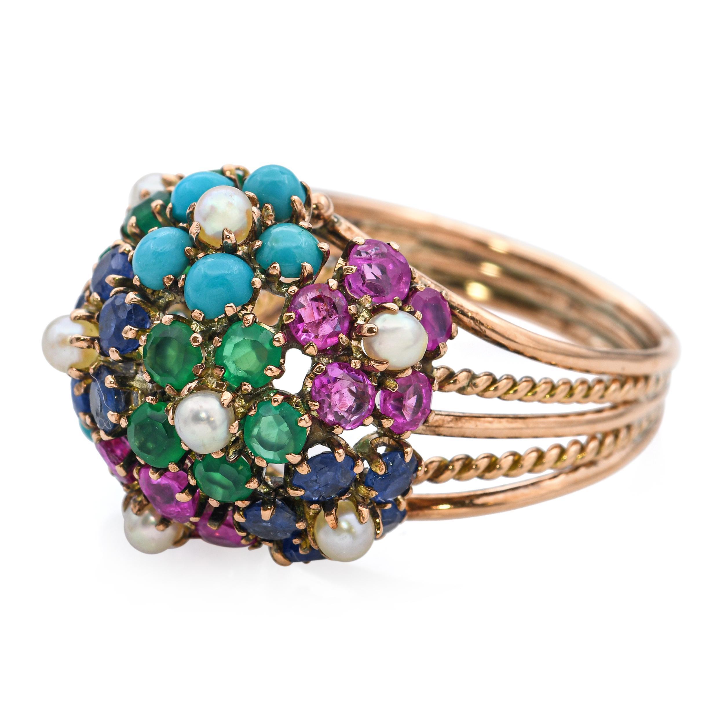 Bague cocktail multi-pierres en or rose vintage Bon état - En vente à New York, NY