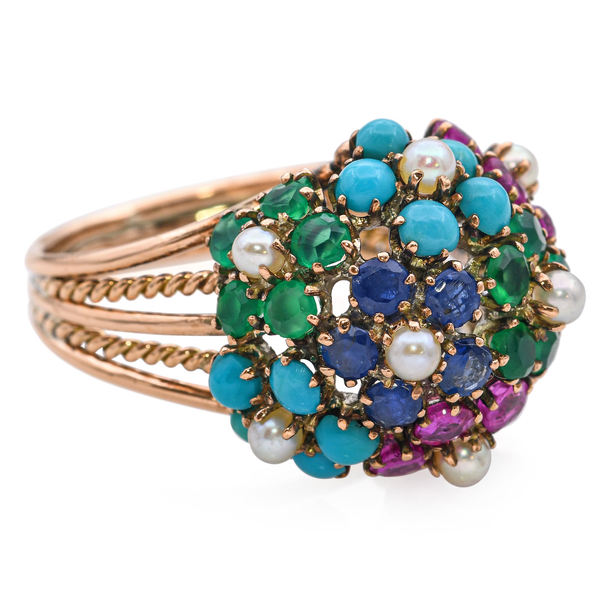 Bague cocktail multi-pierres en or rose vintage en vente 1