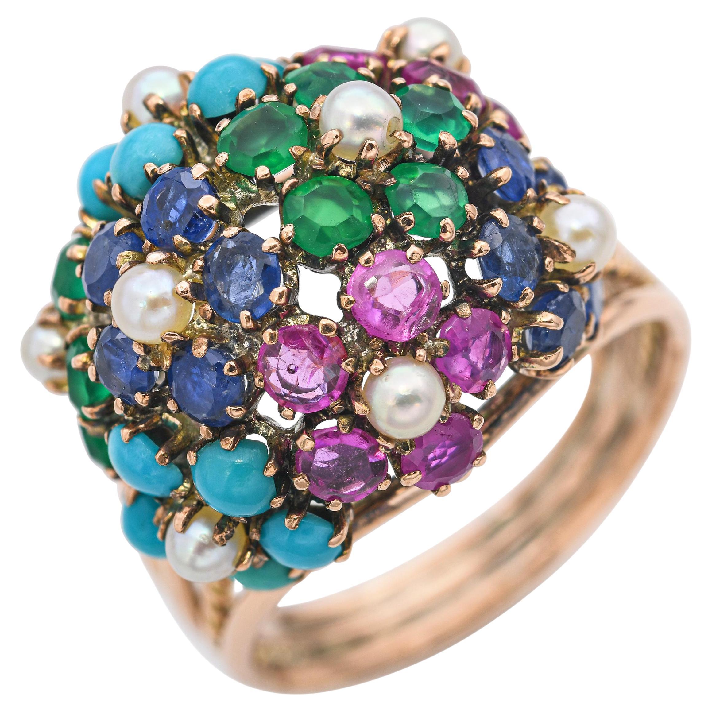 Bague cocktail multi-pierres en or rose vintage en vente