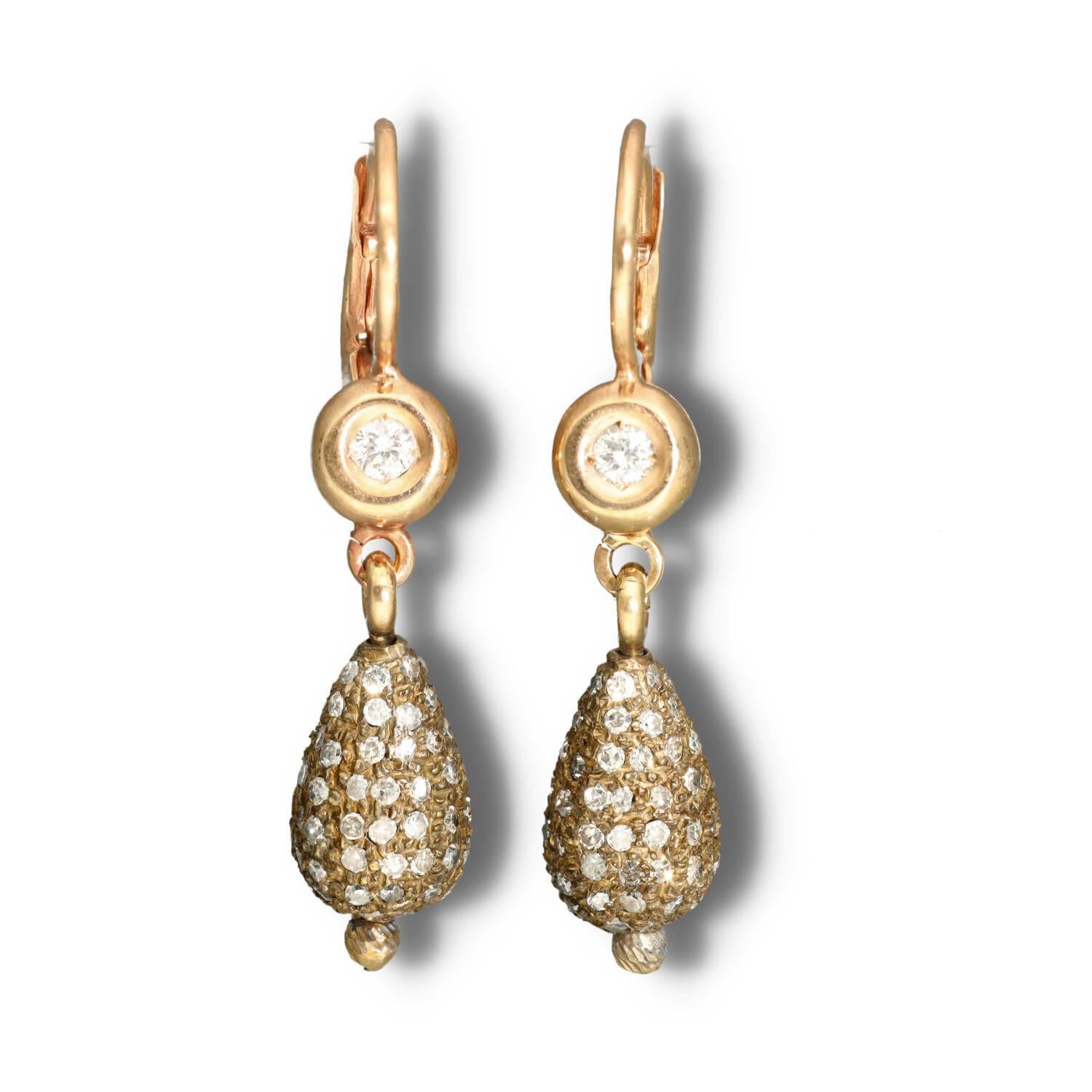 Brilliant Cut Vintage Rose Gold Pave Diamond Earrings, Vintage Drop Pave Diamond Earrings