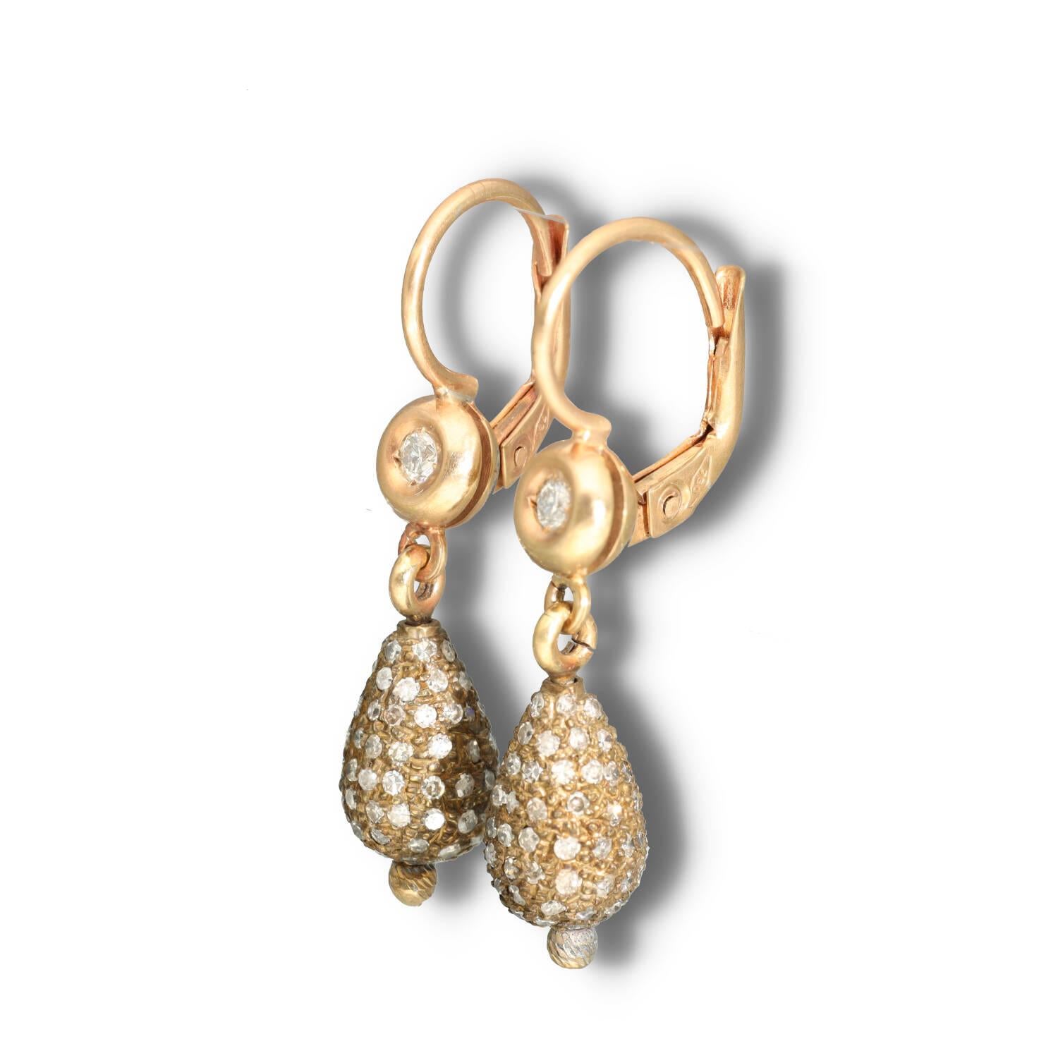 Women's Vintage Rose Gold Pave Diamond Earrings, Vintage Drop Pave Diamond Earrings