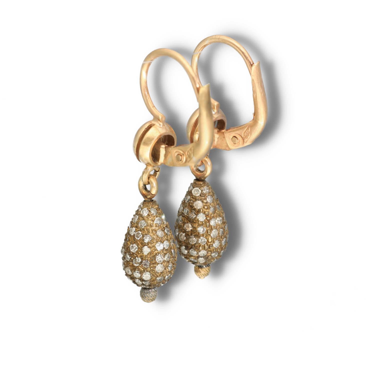 Vintage Rose Gold Pave Diamond Earrings, Vintage Drop Pave Diamond Earrings 1