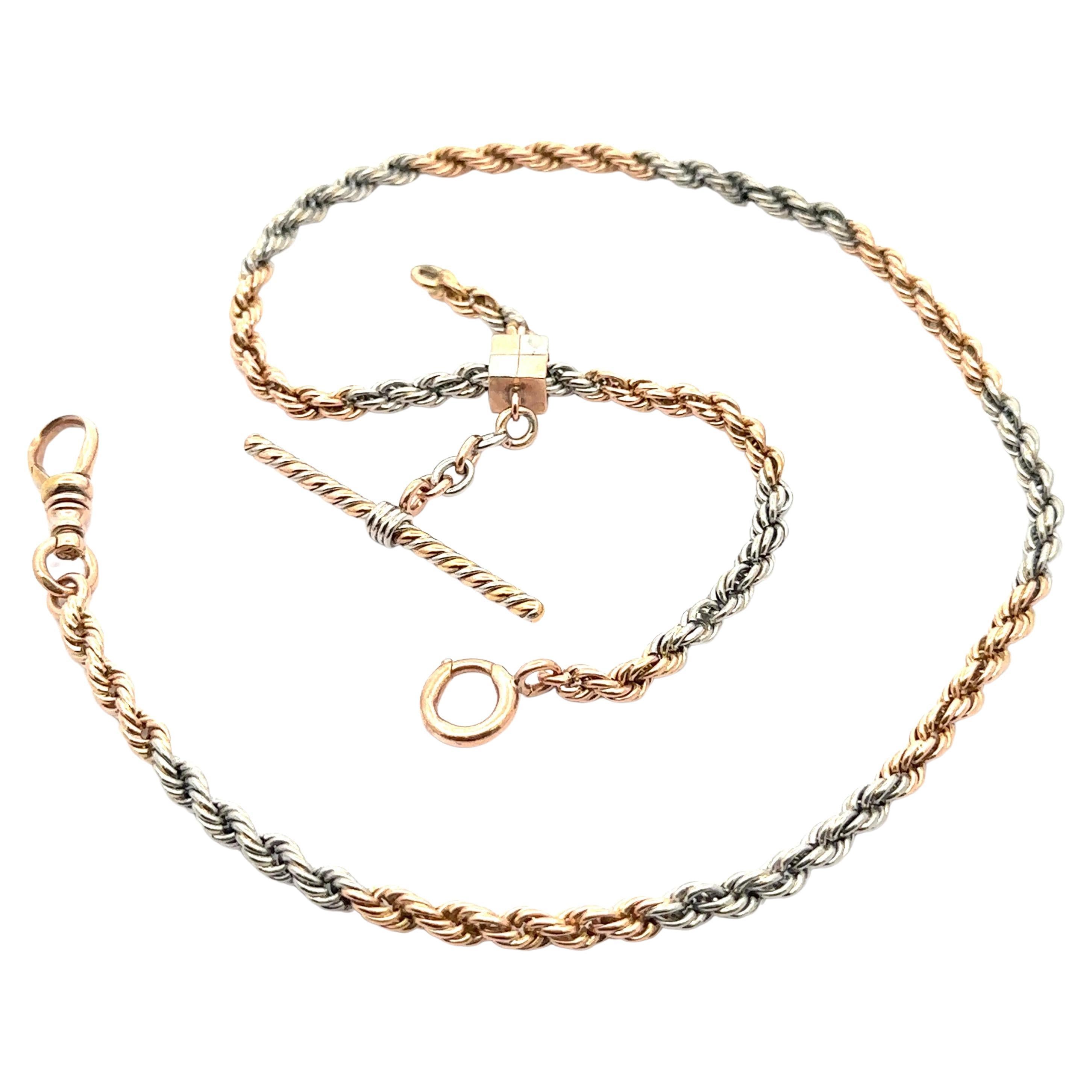 Collar de cadena de reloj de cuerda de oro rosa vintage y platino de 16,5" Clip para perro de barra deslizante