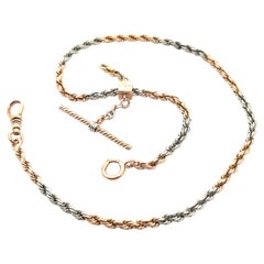 Collar de cadena de reloj de cuerda de oro rosa vintage y platino de 16,5" Clip para perro de barra deslizante