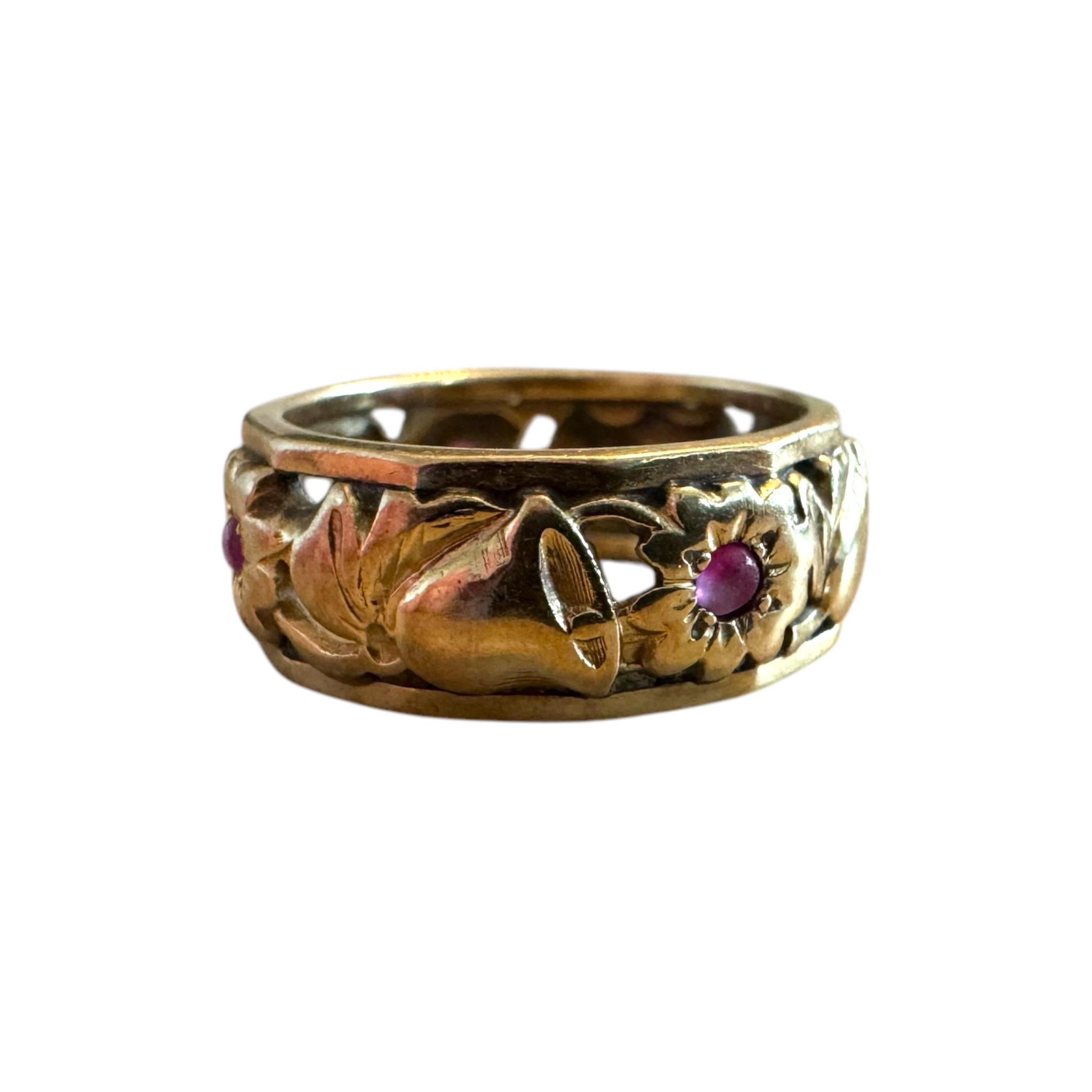 Vintage Rose Gold Ruby Eternity Band Bells & Flowers Size 5 For Sale 1