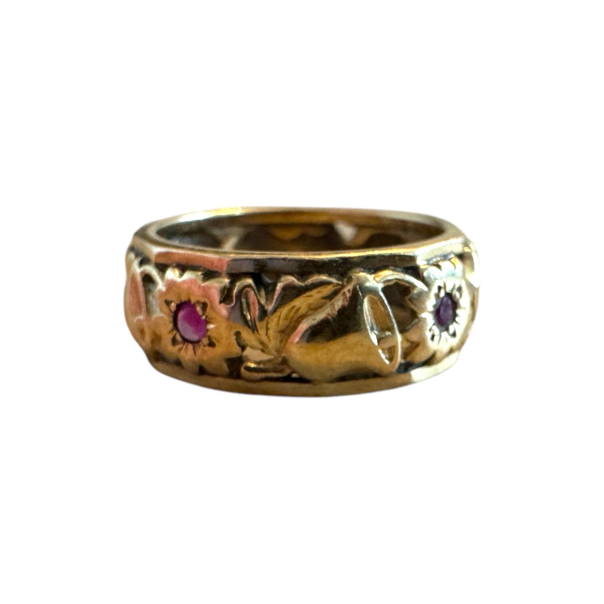 Vintage Rose Gold Ruby Eternity Band Bells & Flowers Size 5 For Sale 2