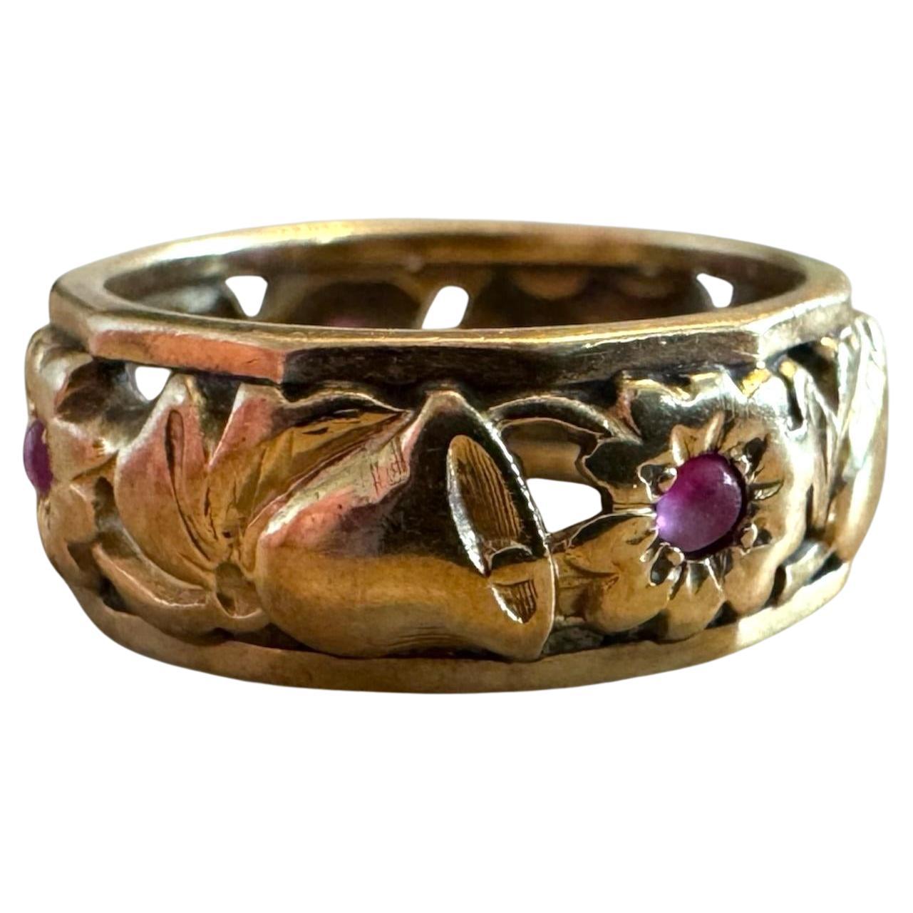 Vintage Rose Gold Ruby Eternity Band Bells & Flowers Size 5 For Sale