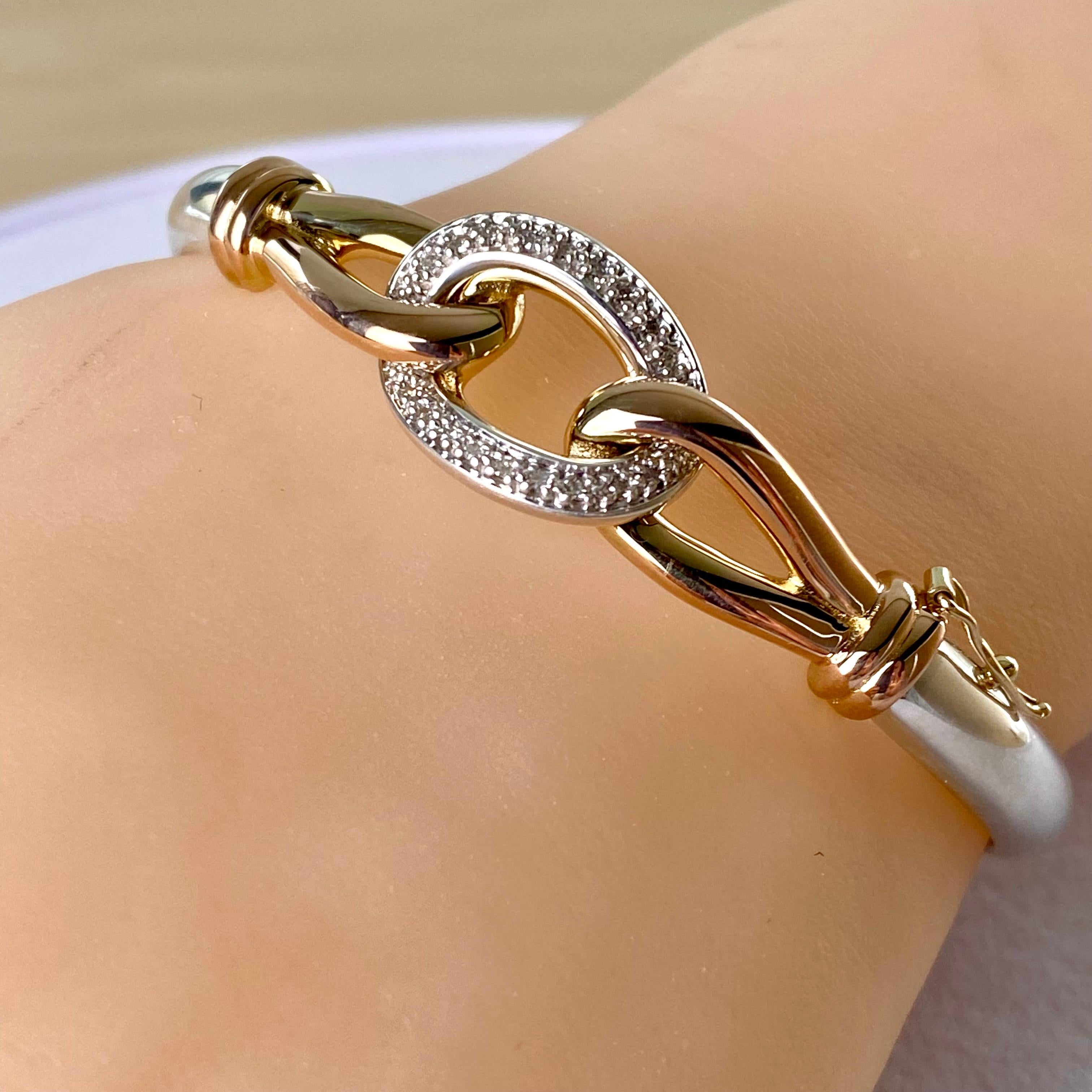 Contemporary Vintage Rose Gold Silver Diamond 0.55 Carat Hinged Elliptical Bangle Bracelet