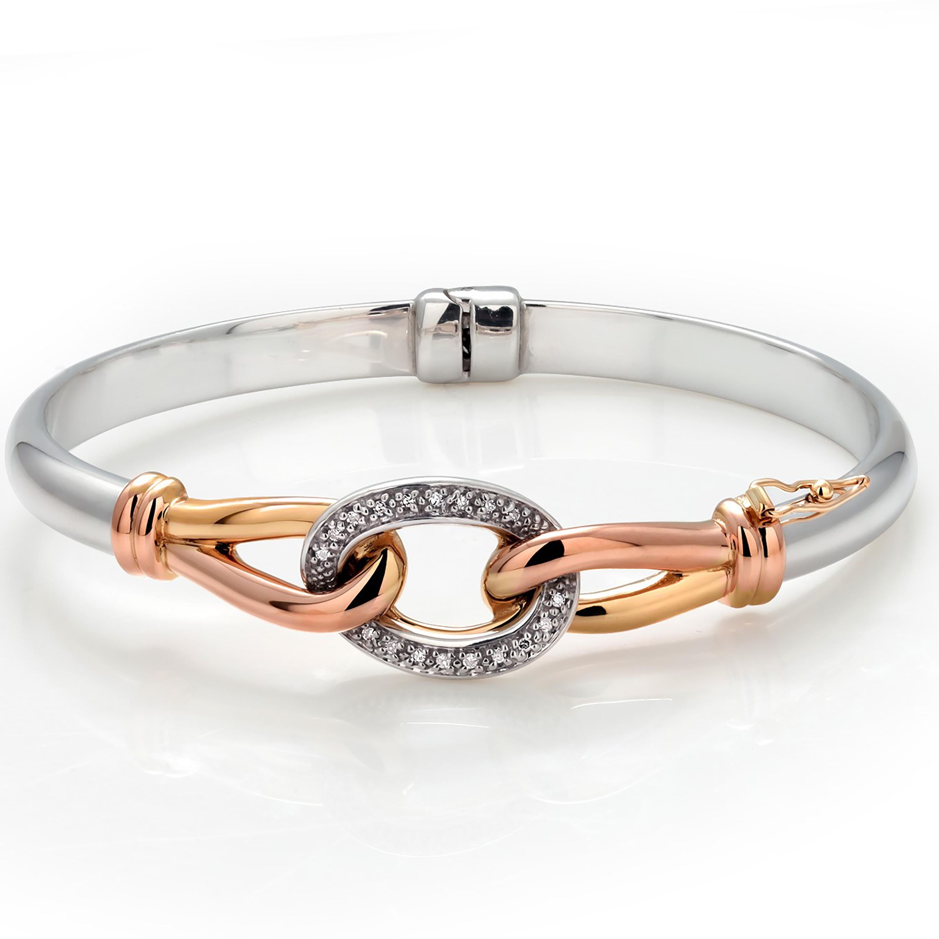 Vintage Rose Gold Silver Diamond 0.55 Carat Hinged Elliptical Bangle Bracelet In Good Condition In New York, NY