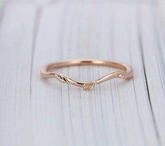 Vintage Rose Gold Wedding Band Simple Unique Leaf Dainty Curved Art Deco Ring