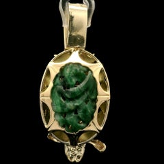 Vintage Rose Green Gold Diamond Ruby & Carved Jade Owl Foliage Frame Pendant