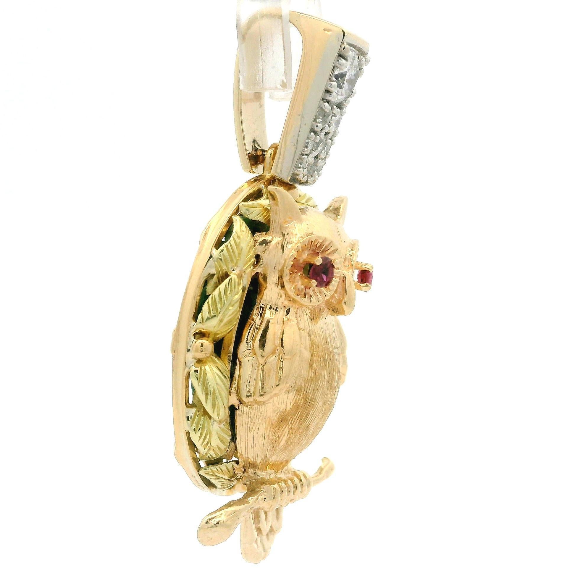 Brilliant Cut Vintage Rose Green Gold Diamond Ruby & Carved Jade Owl Foliage Frame Pendant For Sale