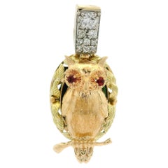 Vintage Rose Green Gold Diamond Ruby & Carved Jade Owl Foliage Frame Pendant