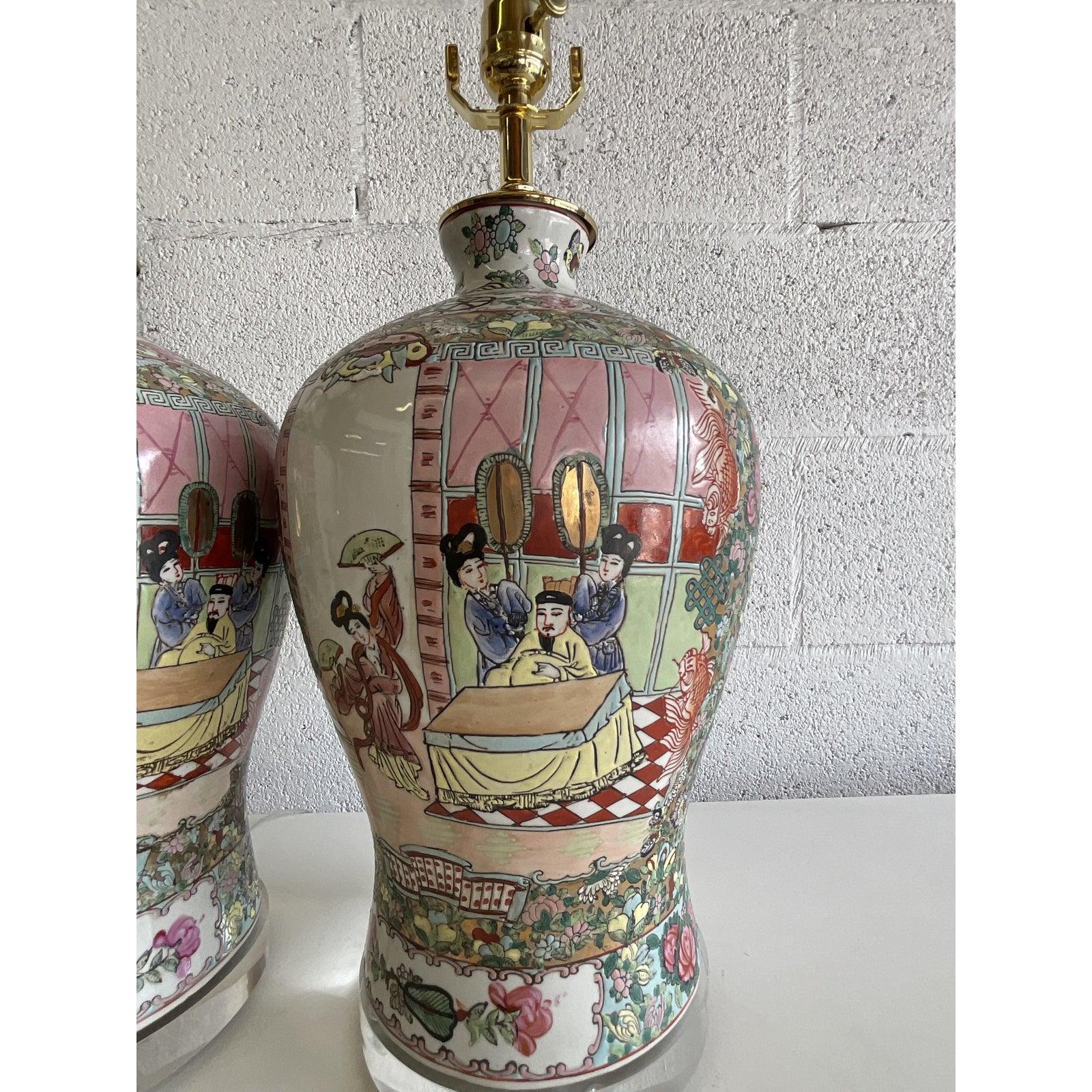 Hollywood Regency Vintage Rose Medallion Ceramic Ginger Jar Lamps, a Pair