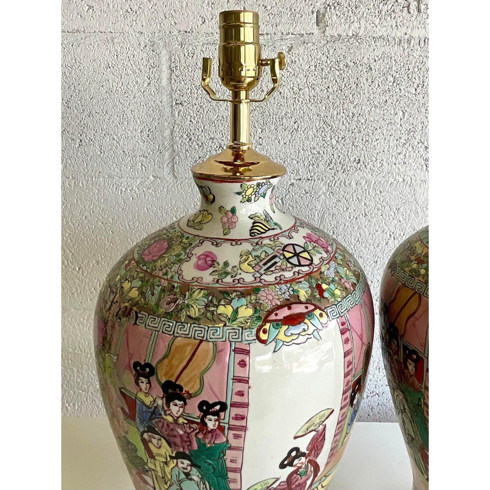 North American Vintage Rose Medallion Ceramic Ginger Jar Lamps, a Pair