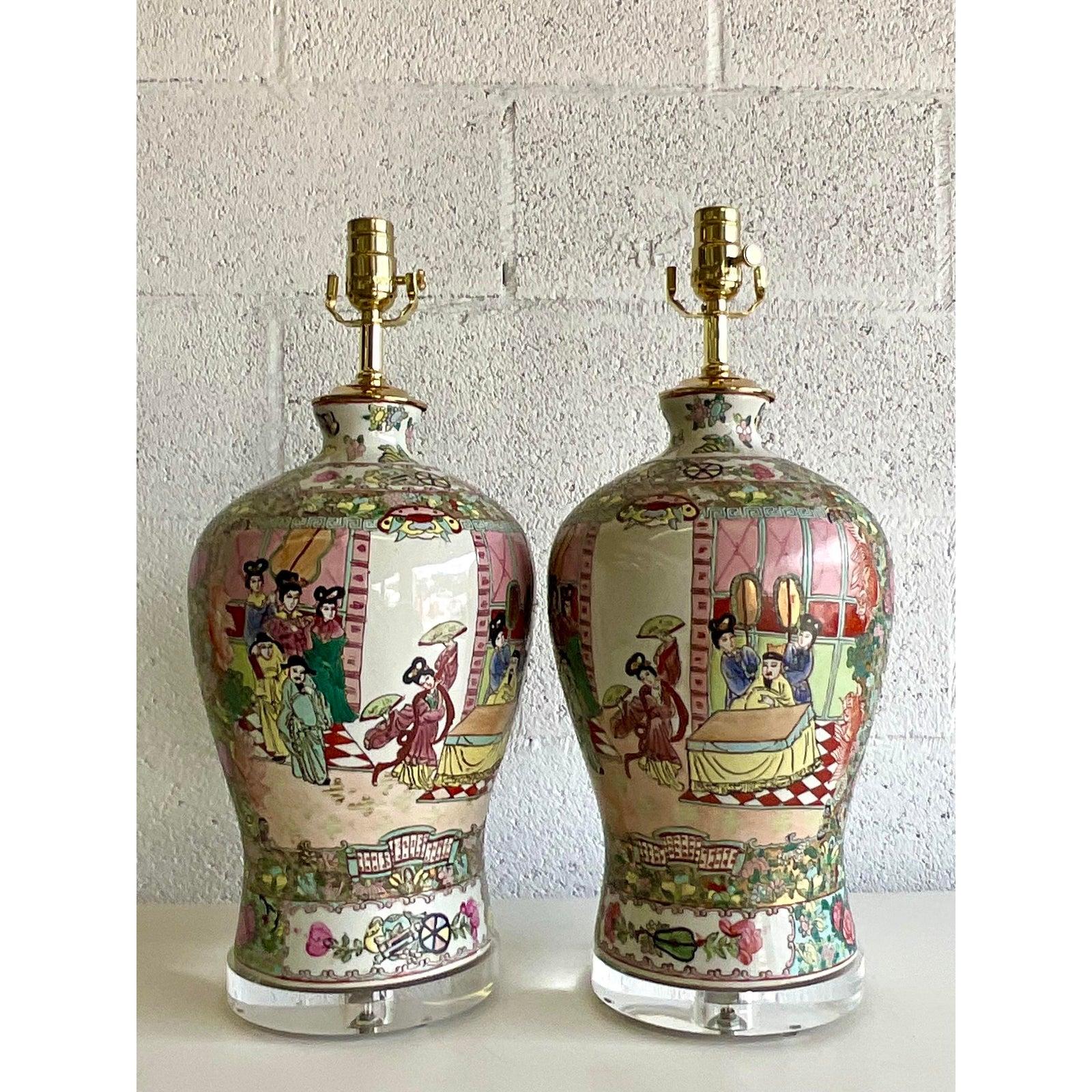 20th Century Vintage Rose Medallion Ceramic Ginger Jar Lamps, a Pair