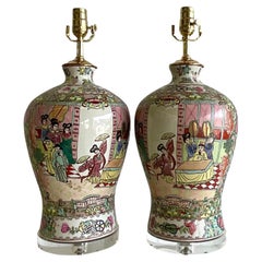 Vintage Rose Medallion Ceramic Ginger Jar Lamps, a Pair