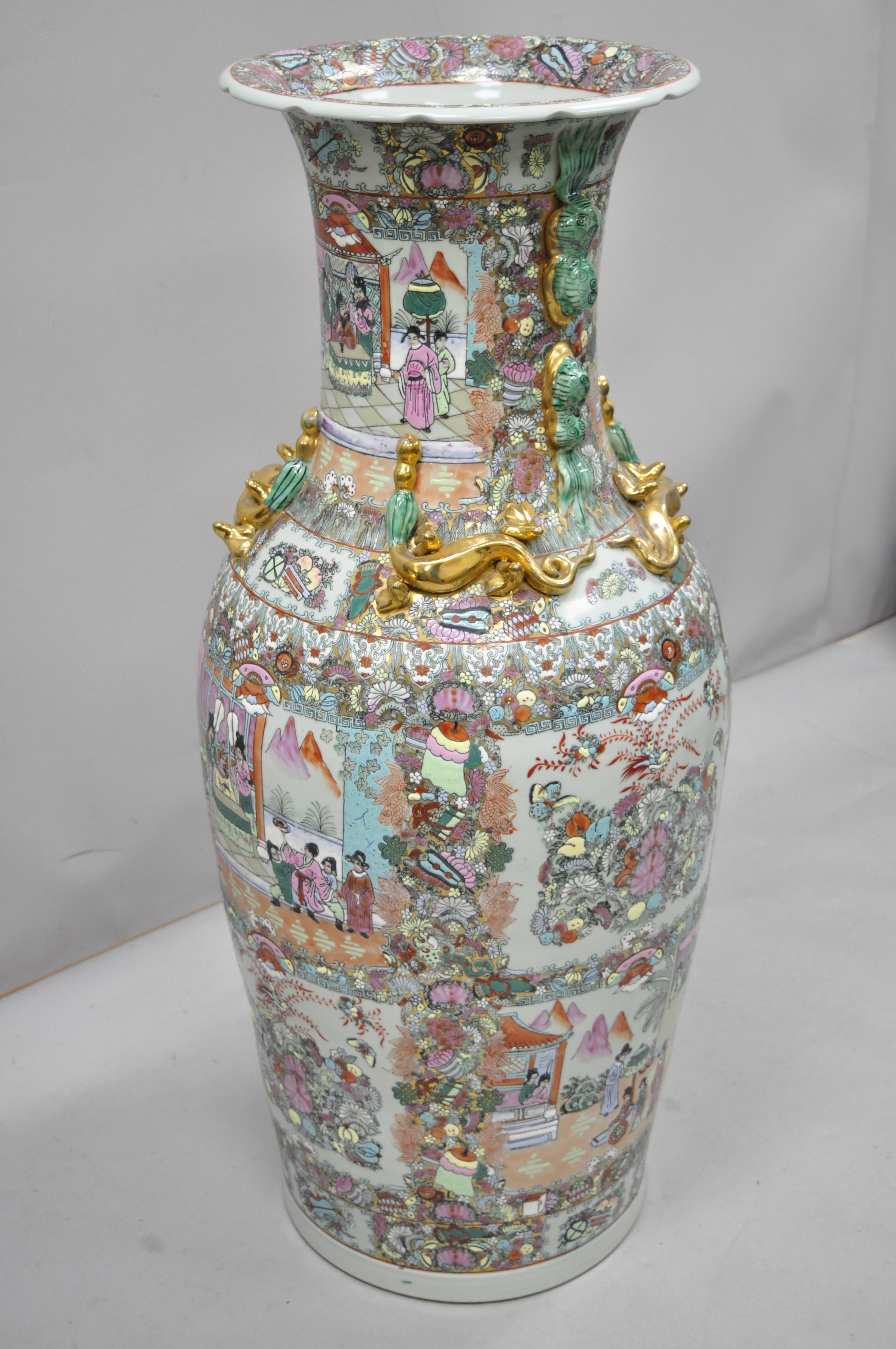 Vintage Rose Medallion Large Tall Chinese Export Porcelain Palace Urn Vase For Sale 4