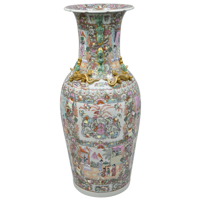 Vintage Rose Medallion Large Tall Chinese Export Porcelain Palace Urn