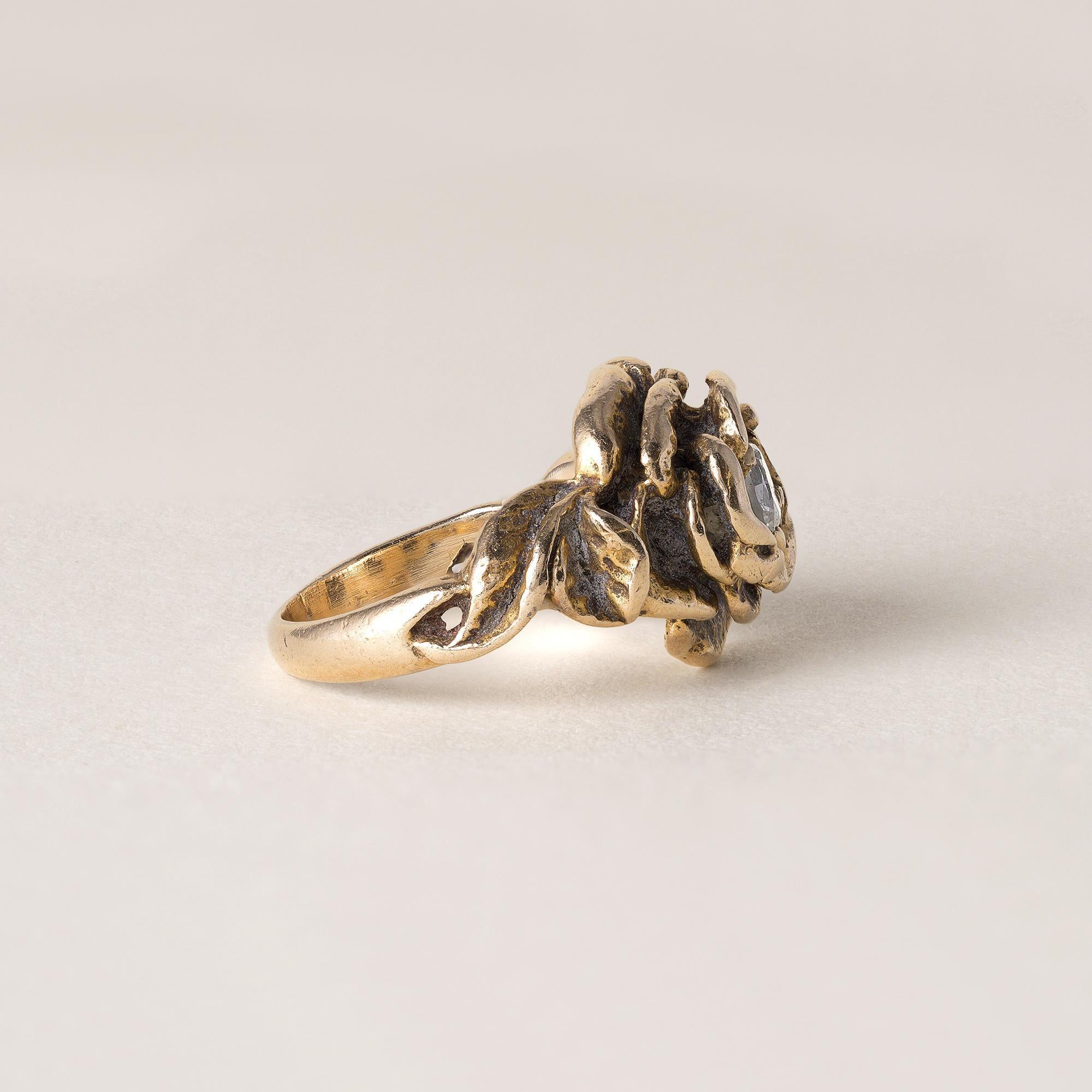 Round Cut Vintage Rose Petal Flora Diamond Ring 14K Yellow Gold For Sale