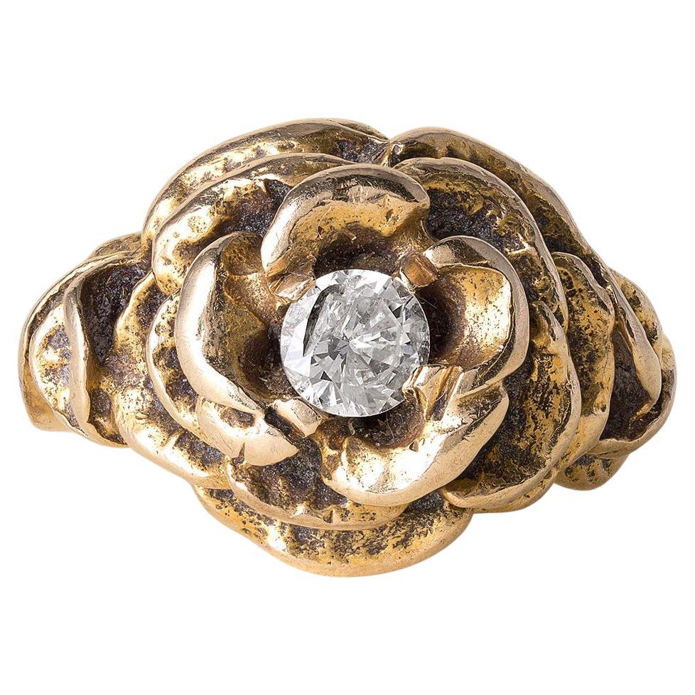 Vintage Rose Petal Flora Diamond Ring 14K Yellow Gold For Sale