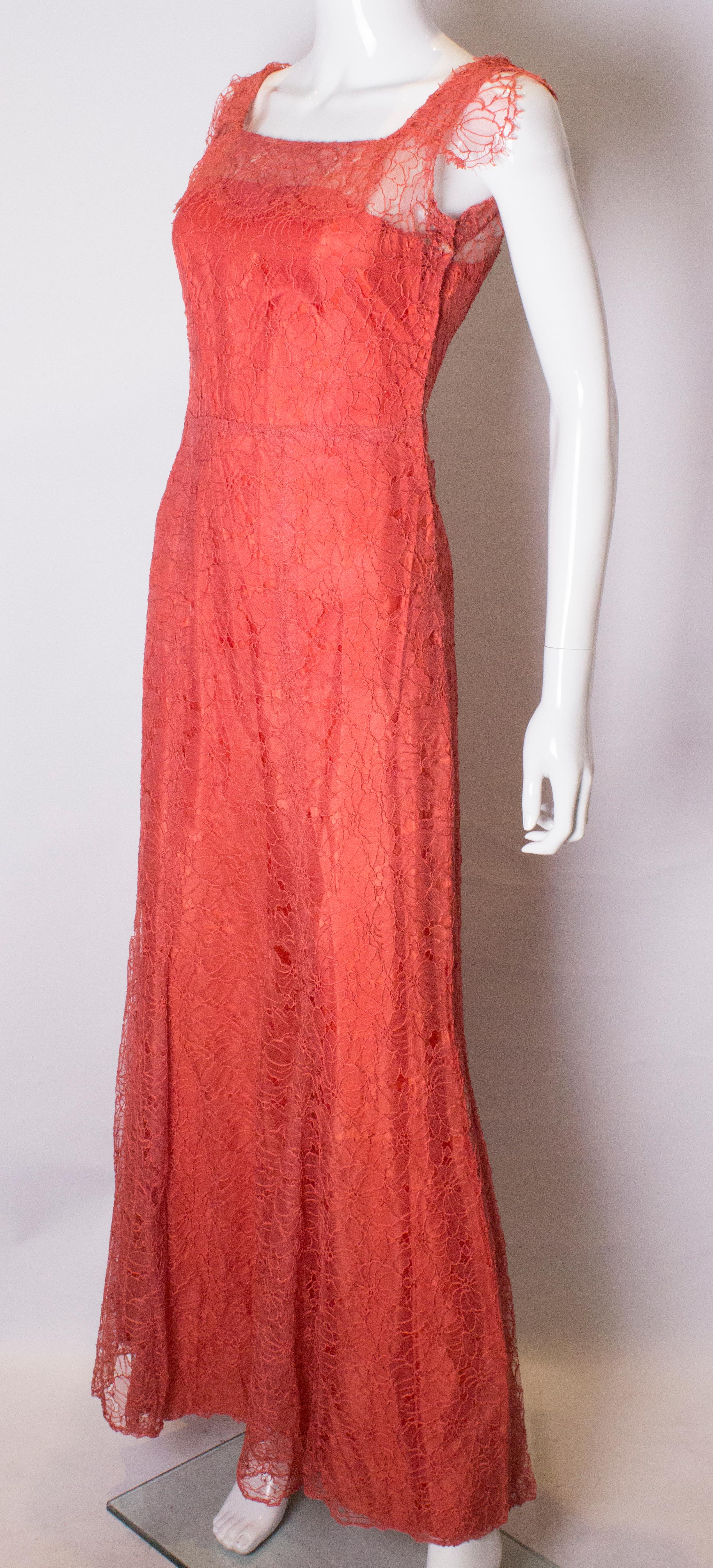 Vintage Rose Pink Lace Gown In Good Condition For Sale In London, GB