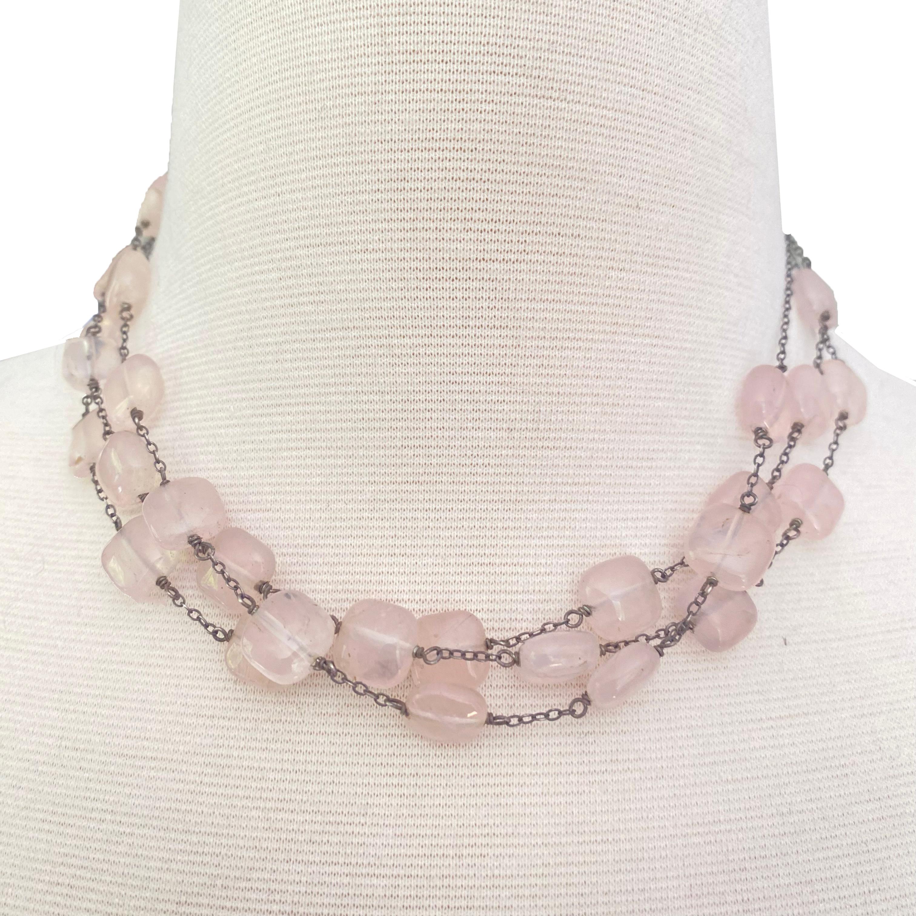 Lovely 3-strand sterling + rose quartz vintage necklace.
About 16