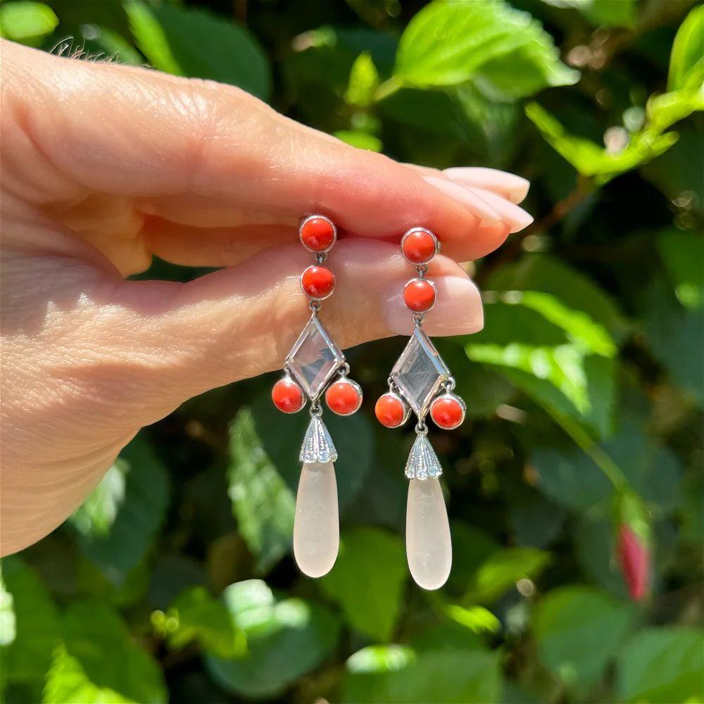 Modernist Vintage Rose Quartz and Round Coral Platinum Statement Drop Earrings For Sale