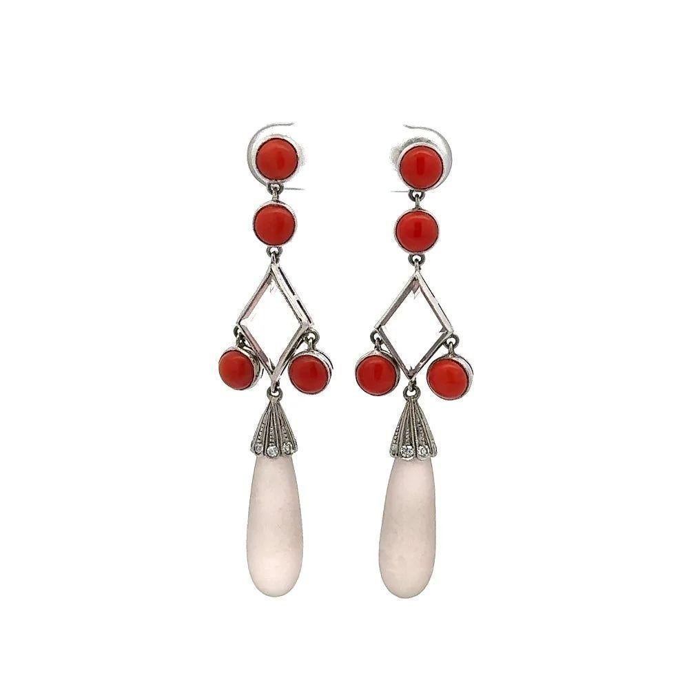 Mixed Cut Vintage Rose Quartz and Round Coral Platinum Statement Drop Earrings For Sale