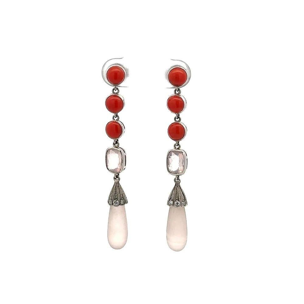 Taglio misto Orecchini a goccia in platino con quarzo rosa e corallo tondo d'epoca in vendita